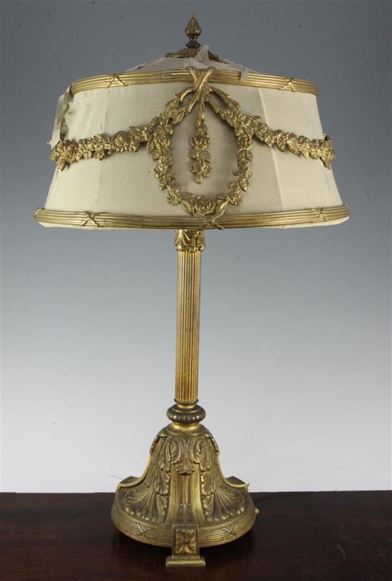 An early 20th century ormolu table lamp, 23in.